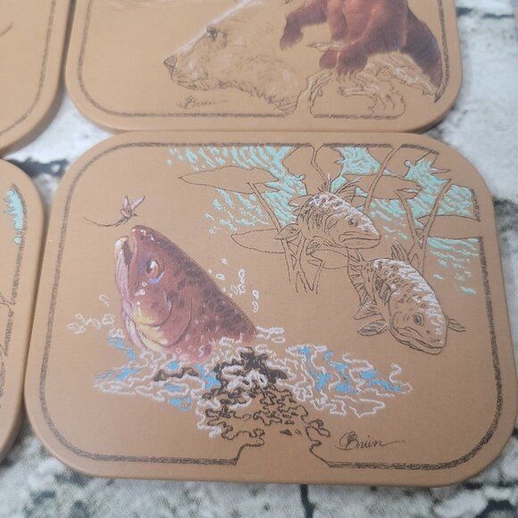 Vtg AVON Set of 4 Bar Outdoorsman Wildlife Tom O'Brien COASTERS w Felt Back NIB - Picture 3 of 8